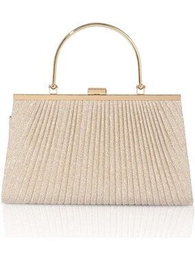 Women's Gold Glitter Pleated Clutch Wedding Prom Party Purse Evening Bag